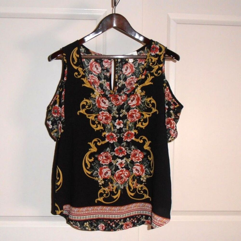 🟢Meraki Cold Shoulder Blouse XL Black Floral Boho Scroll Print Top Keyhole Back